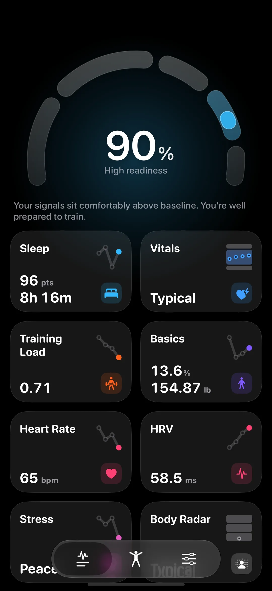 ohmybody Home screen: the readiness arc with today's score above Sleep, Vitals and Training Load cards