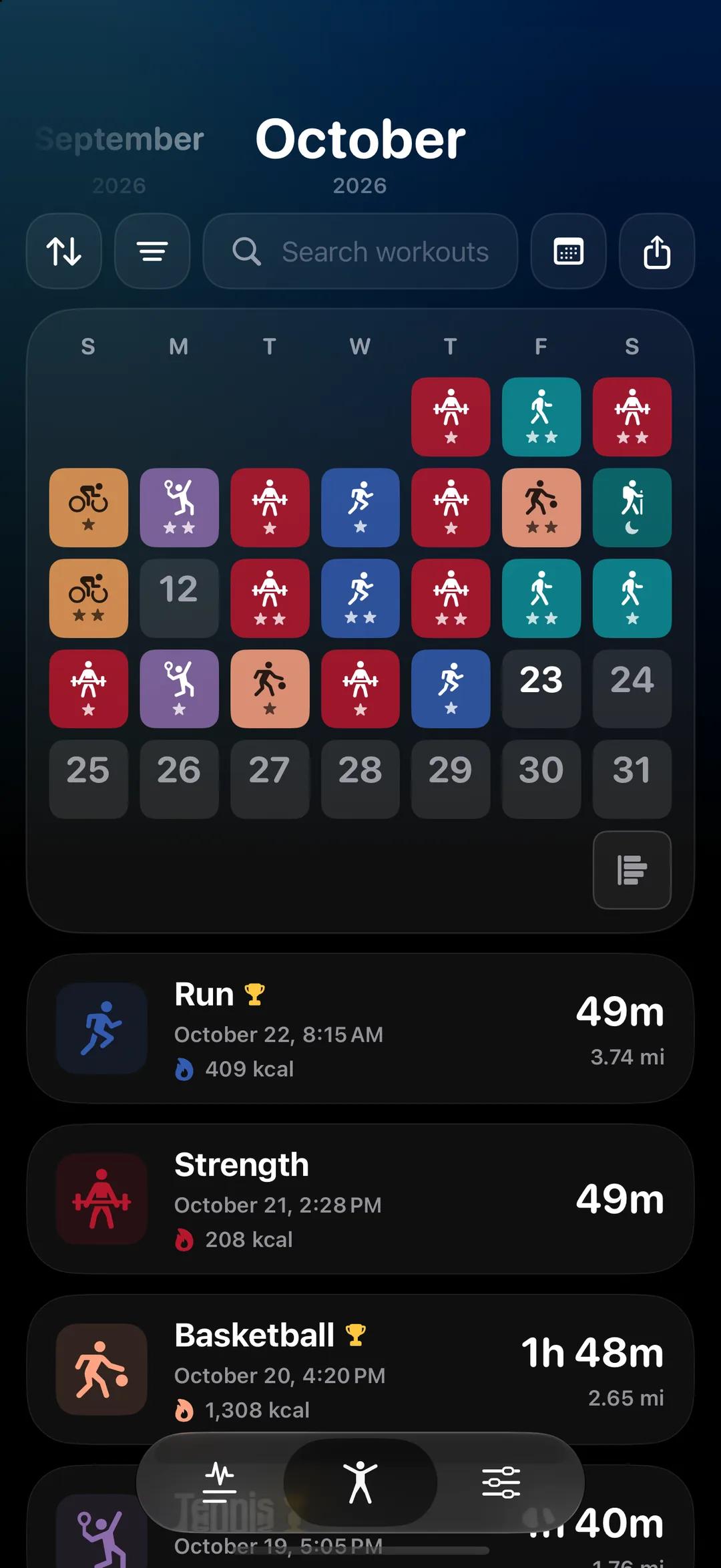 Workouts tab with a monthly calendar of workout tiles